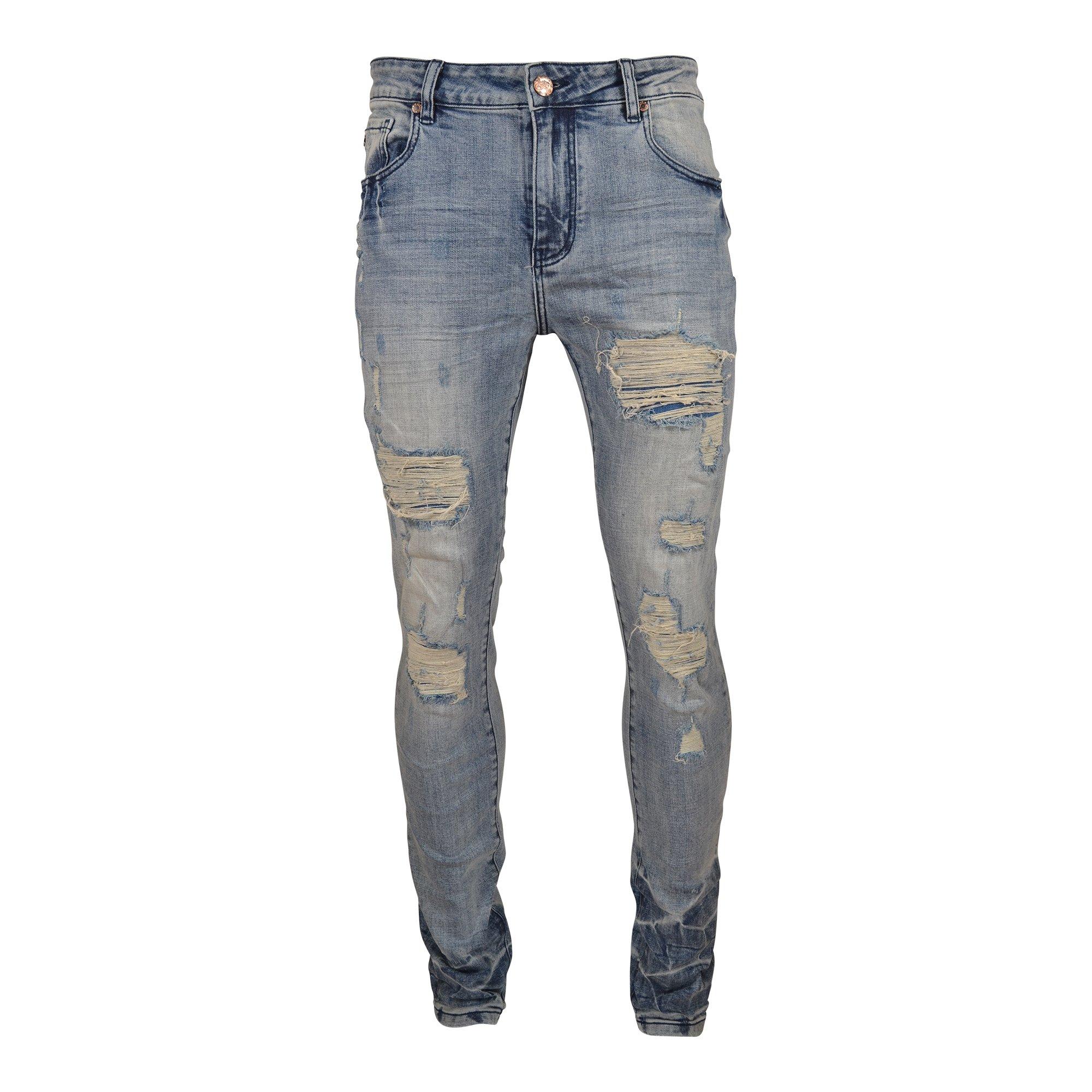Grindhouse Men's Blue Vintage Ripped Slim Fit Denim Jeans - BLUE